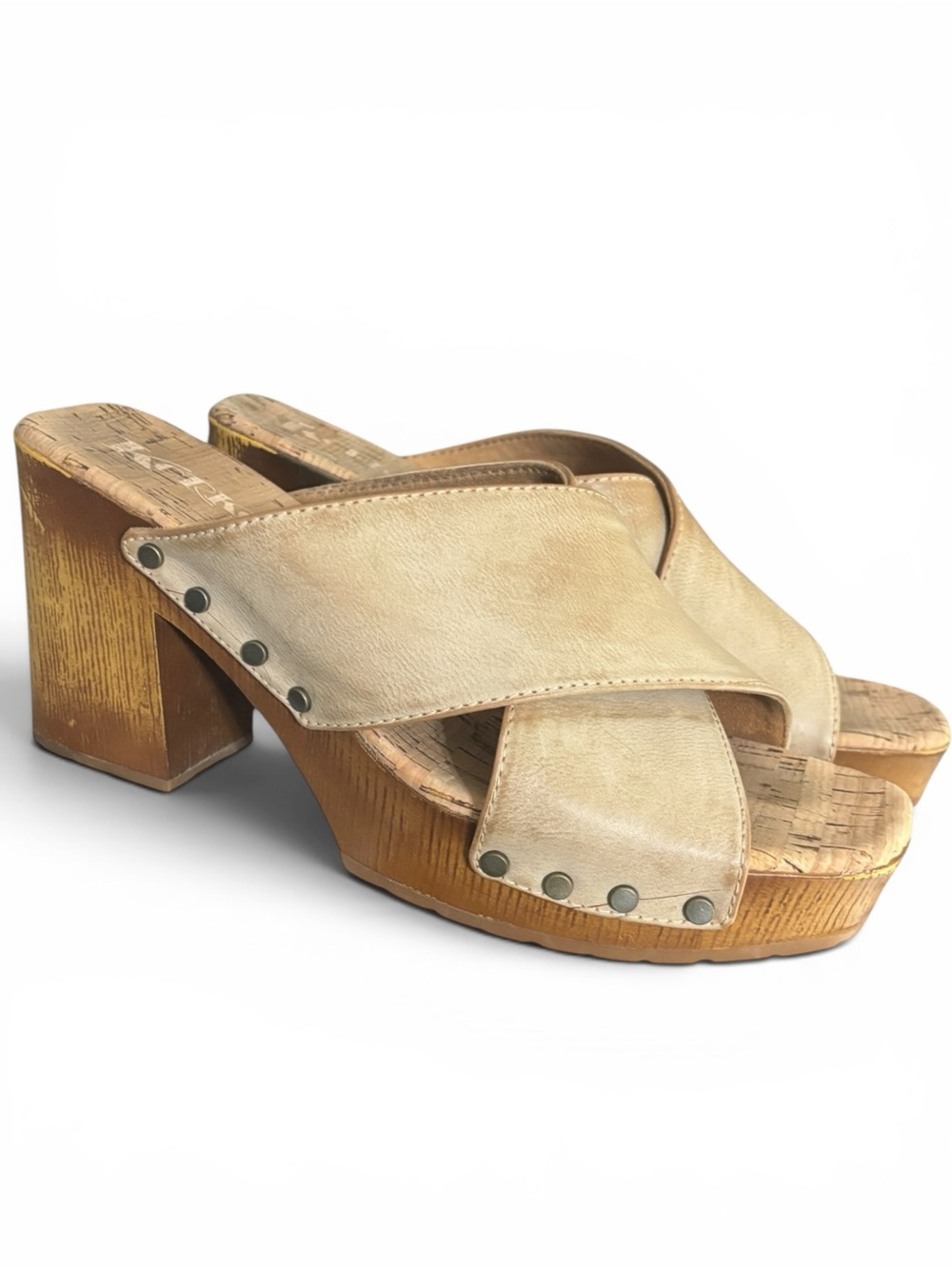Korks Lynda Tan Studded Clog Platform Slide Sandals Cork Block Heel 10